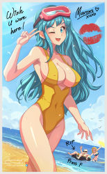 Rule 34 | 1boy, 2girls, alternate hair length, alternate hairstyle, android 18, angry, bald, bare shoulders, beach, bikini, blonde hair, blue bikini, blue eyes, blue hair, blue sky, border, bouncing breasts, breasts, casual one-piece swimsuit, cleavage, curvy, day, derivative work, diving mask, diving mask on head, dragon ball, dragonball z, english text, goggles, goggles on head, highleg, highleg swimsuit, highres, incoming attack, jammeryx, jealous, kienzan, kuririn, large breasts, lipstick mark, long hair, looking at another, looking at viewer, maron (dragon ball), maron redraw challenge (meme), meme, meme attire, multiple girls, muscular, muscular male, ocean, one-piece swimsuit, one eye closed, photo (object), salute, screenshot redraw, shaved head, shiny skin, sideboob, sky, smile, strapless, strapless bikini, sunglasses, swimsuit, v, very long hair, wading, water, wide hips, wink, yellow one-piece swimsuit