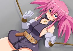 Rule 34 | 1girl, bare shoulders, belt, blue eyes, blush, breasts, dress, elbow gloves, gloves, grey background, long hair, looking at viewer, no panties, open mouth, pink hair, presea combatir, restrained, small breasts, solo, tales of (series), tales of symphonia, twintails