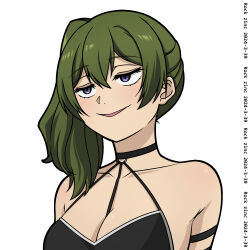 Rule 34 | 1girl, artist name, bare shoulders, between breasts, black choker, black dress, breasts, choker, cleavage, collarbone, commentary request, dated, dress, green hair, hair between eyes, highres, medium breasts, parted lips, purple eyes, rock zinc, side ponytail, simple background, smug, solo, sousou no frieren, ubel (sousou no frieren), upper body, white background