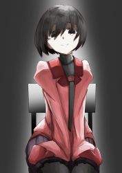 Rule 34 | 1girl, black background, black eyes, black hair, black necktie, black pantyhose, black undershirt, bob cut, chair, closed mouth, commentary, cowboy shot, empty eyes, gradient background, hair over eyes, hair strand, hands on lap, head tilt, kazutarou 0716, legs together, long bangs, long sleeves, looking at viewer, monogatari (series), naoetsu high school uniform, necktie, on chair, oshino ougi, pale skin, pantyhose, pink shirt, pleated skirt, puffy sleeves, purple skirt, raised eyebrows, school uniform, shirt, short hair, sitting, skirt, sleeves past fingers, sleeves past wrists, smile, solo, turtleneck, v arms, white background