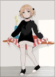 Rule 34 | 1girl, absurdres, black ribbon, black sweater, blonde hair, child, green eyes, hair ornament, hair ribbon, highres, kinomoto (nazonoinu), ribbon, shoes, short hair, short shorts, short twintails, shorts, simple background, sweater, thighhighs, twintails