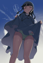 Rule 34 | 1girl, absurdres, arisu to teresu no maboroshi koujou, black hair, blue sky, brown eyes, character request, clothes lift, cloud, collared dress, commentary request, day, dress, dress lift, from below, green panties, half-closed eyes, highres, lifting own clothes, long hair, looking at viewer, looking down, outdoors, panties, parted lips, sky, solo, standing, temari rin, thick eyebrows, translation request, underwear