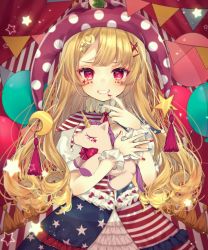 Rule 34 | 1girl, american flag skirt, blonde hair, blue nails, blue skirt, blush, bow, bowtie, clownpiece, commentary request, cowboy shot, crescent, crescent hair ornament, curtains, eyelashes, grin, hair ornament, hairclip, hand up, hat, highres, jester cap, light particles, long hair, looking at viewer, multicolored nails, nail polish, neck ruff, petticoat, polka dot, polka dot headwear, puffy short sleeves, puffy sleeves, purple hat, red background, red bow, red bowtie, red eyes, red nails, red skirt, shirt, short sleeves, skirt, smile, solo, standing, star (symbol), star print, string of flags, striped background, striped clothes, striped skirt, stuffed animal, stuffed toy, stuffed unicorn, touhou, very long hair, white background, white shirt, white skirt, wrist cuffs, x hair ornament, yedan999