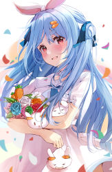 Rule 34 | 1girl, blue flower, blue hair, blue neckerchief, blue rose, blush, carrot, carrot hair ornament, choker, commentary request, confetti, creature, dress, flower, food-themed hair ornament, hair ornament, hair ribbon, highres, holding, holding creature, holding flower, hololive, long hair, neckerchief, nira (vira), open mouth, pekomon (usada pekora), red eyes, red flower, red rose, ribbon, rose, sailor collar, short eyebrows, short sleeves, smile, solo, thick eyebrows, usada pekora, usada pekora (casual), virtual youtuber, white choker, white dress, white flower, white rose, white sailor collar
