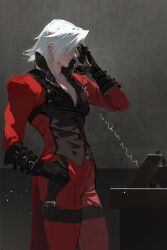 Rule 34 | 1boy, absurdres, belt, bishounen, black gloves, coat, dante (devil may cry), devil may cry, devil may cry (series), devil may cry 2, gloves, hair over eyes, hand on own hip, highres, holding, holding phone, long hair, male focus, nzxd, phone, red coat, solo, thigh strap, white hair