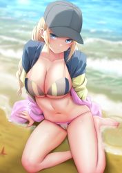 Rule 34 | 1girl, baseball cap, bikini, blonde hair, braid, breasts, cameltoe, cleavage, ginhaha, hat, highres, jacket, large breasts, long hair, multicolored clothes, multicolored jacket, navel, paripi koumei, solo, swimsuit, tsukimi eiko, twin braids, twintails