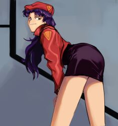 Rule 34 | 1girl, absurdres, ass, ass focus, closed mouth, highres, jacket, jed (jedzem), katsuragi misato, light smile, neon genesis evangelion, purple hair, red headwear, red jacket, solo