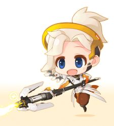 Rule 34 | 1girl, animated, animated gif, blinking, blonde hair, blue eyes, chibi, floating, gameplay mechanics, gradient background, halo, kim ji han, mechanical halo, mercy (overwatch), open mouth, overwatch, overwatch 1, ran system, solo, speech bubble, staff, tears, white background