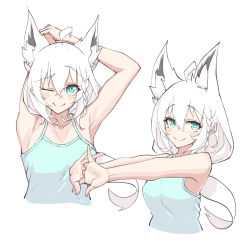 Rule 34 | 1girl, ahoge, alternate costume, animal ears, aqua eyes, arms behind head, arms up, blue shirt, braid, breasts, cracking knuckles, cropped torso, eihire, fox ears, hololive, long hair, looking at viewer, low ponytail, medium breasts, outstretched arms, ponytail, shirakami fubuki, shirt, side braid, simple background, smile, solo, stretching, tank top, very long hair, virtual youtuber, white background, white hair
