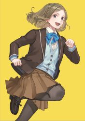 1girl, arms up, bangs, blazer, blue cardigan, blue eyes, blue neckwear, bow, bowtie, braid, brown footwear, brown hair, brown jacket, brown legwear, brown skirt, cardigan, cherico, clenched hands, commentary request, jacket, loafers, long sleeves, medium hair, open mouth, original, pantyhose, running, school uniform, shirt, shoes, simple background, skirt, smile, solo, white shirt, yellow background