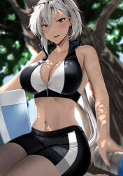 Rule 34 | 1girl, alternate costume, blurry, blush, bottle, breasts, cleavage, collarbone, depth of field, eyewear on head, glasses, grey hair, hair between eyes, highres, holding, holding bottle, kantai collection, large breasts, long hair, musashi (kancolle), navel, open mouth, red eyes, solo, tree, yunamaro, zipper