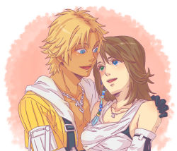 Rule 34 | 1girl, blonde hair, blue eyes, breasts, brown hair, cleavage, commentary request, detached sleeves, final fantasy, final fantasy x, gloves, green eyes, hair ornament, heterochromia, jewelry, medium hair, necklace, smile, solo, tidus, yuna