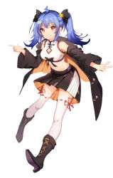 Rule 34 | 1girl, absurdres, ahoge, alternate hairstyle, bili girl 22, bilibili, black bow, black footwear, black skirt, blue hair, blush, boots, bow, breasts, cleavage, cleavage cutout, closed mouth, clothing cutout, coat, duffel coat, full body, hair bow, hair ornament, high heel boots, high heels, highres, looking at viewer, medium hair, navel, official art, red eyes, simple background, skirt, smile, star (symbol), star hair ornament, stomach, thighhighs, tongue, tongue out, twintails, v, white background, white thighhighs, yeluno meng