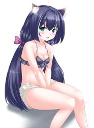 Rule 34 | 1girl, animal ear fluff, animal ears, bare arms, bare shoulders, between legs, bikini, bikini top only, black bikini, black hair, blush, bow, breasts, cat ears, cleavage, commentary request, fang, feet out of frame, green eyes, hair between eyes, hair bow, hand between legs, highres, karyl (princess connect!), karyl (summer) (princess connect!), kaze makase, knees together feet apart, long hair, looking at viewer, medium breasts, open mouth, princess connect!, purple bow, shadow, short shorts, shorts, sitting, solo, swimsuit, very long hair, white background, white shorts