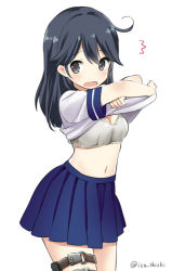 Rule 34 | 10s, 1girl, black hair, blush, bra, breasts, ica, kantai collection, long hair, navel, open mouth, personification, school uniform, serafuku, simple background, skirt, small breasts, solo, thigh strap, twitter username, underwear, undressing, ushio (kancolle), white background, white bra