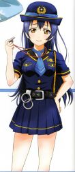 Rule 34 | 1girl, artist name, artist request, bare legs, belt, black belt, black skirt, blue hair, blue neckwear, blue shirt, blue skirt, blush, breasts, female focus, hair between eyes, hand on own hip, highres, holding, holding whistle, long hair, looking at viewer, love live!, love live! school idol festival, love live! school idol project, parted lips, police, police uniform, shirt, skirt, smile, solo, sonoda umi, uniform, whistle, whistle around neck, yellow eyes