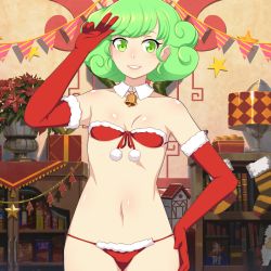 Rule 34 | 1girl, bell, bikini, book, bookshelf, breasts, challengia, christmas, christmas ornaments, collarbone, elbow gloves, flat chest, gloves, green eyes, green hair, hand on own hip, indoors, mole, mole under eye, navel, nchans, nchans style, numchan, official art, open mouth, orcaleon, red bikini, red gloves, santa bikini, santa costume, santa gloves, short hair, small breasts, swimsuit, teeth