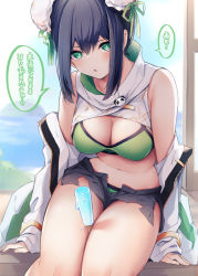 Rule 34 | 1girl, bare shoulders, bikini, black hair, black shorts, blush, borushichi, breasts, bun cover, cleavage, double bun, fate/grand order, fate (series), food, green bikini, green eyes, green ribbon, hair bun, highres, jacket, large breasts, long sleeves, looking at viewer, navel, off shoulder, open clothes, open fly, open jacket, open mouth, popsicle, qin liangyu (chainsaw of the dead) (fate), qin liangyu (fate), ribbon, short shorts, shorts, sidelocks, sitting, solo, speech bubble, swimsuit, thighs, translation request, white jacket