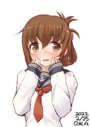 Rule 34 | 1girl, anchor symbol, black sailor collar, brown eyes, brown hair, dated, folded ponytail, hands on own face, highres, inazuma (kancolle), kantai collection, long hair, looking at viewer, neckerchief, one-hour drawing challenge, owa (ishtail), red neckerchief, sailor collar, school uniform, serafuku, simple background, solo, twitter username, upper body, white background