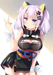 Rule 34 | 1girl, bare shoulders, black dress, blue eyes, breasts, cleavage, cleavage cutout, closed mouth, clothing cutout, commentary request, dress, hair ornament, hairclip, ikazu401, kaguya luna, large breasts, looking at viewer, obi, sash, sidelocks, silver hair, sleeveless, sleeveless dress, smile, solo, the moon studio, thighhighs, twintails, virtual youtuber