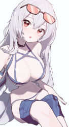 Rule 34 | 1girl, :o, absurdres, arknights, beudelb, bikini, black collar, blue shorts, breasts, cleavage, collar, commission, eyewear on head, grey hair, hair between eyes, highres, invisible chair, jewelry, large breasts, long hair, navel, neck ring, official alternate costume, open mouth, pixiv commission, red-tinted eyewear, red eyes, shorts, simple background, sitting, skadi (arknights), skadi (waverider) (arknights), solo, stomach, sunglasses, swimsuit, tinted eyewear, undressing, very long hair, white background, white bikini