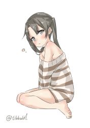Rule 34 | 10s, 1girl, ?, bad id, bad twitter id, bare legs, bare shoulders, barefoot, between legs, black eyes, black hair, blush, breasts, closed mouth, ebifurya, eyebrows, from side, frown, full body, hair intakes, hand between legs, highres, inactive account, kantai collection, long hair, looking at viewer, no bra, sideboob, simple background, sitting, solo, striped clothes, striped sweater, sweater, twintails, twitter username, wariza, white background, zuikaku (kancolle)
