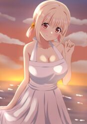 Rule 34 | 1girl, blonde hair, blush, breasts, cleavage, closed mouth, cloud, collarbone, commentary request, cowboy shot, dars (recolors), dress, flower, hair flower, hair ornament, highres, large breasts, looking at viewer, lycoris recoil, nishikigi chisato, ocean, outdoors, red eyes, short hair, short twintails, sleeveless, sleeveless dress, smile, solo, standing, sunset, twintails, water, white dress