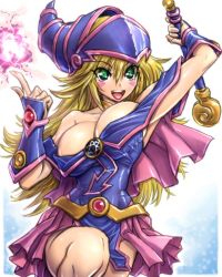 Rule 34 | 1girl, :d, amania orz, bare shoulders, blonde hair, breasts, cleavage, dark magician girl, duel monster, female focus, green eyes, hat, large breasts, long hair, looking at viewer, magical girl, open mouth, shiny skin, smile, solo, wizard hat, yu-gi-oh!, yu-gi-oh! duel monsters