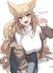 Rule 34 | 1girl, animal ears, asicah, blush, breasts, brown jacket, cat ears, cat girl, cat tail, claw pose, dated, green pants, hand up, highres, jacket, jewelry, large breasts, long hair, necklace, off shoulder, open mouth, original, pants, seiza, simple background, sitting, smile, solo, sweater, tail, teeth, tongue, turtleneck, upper teeth only, very long hair, white background, white sweater, yellow eyes