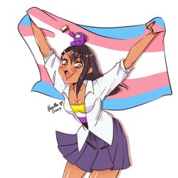 Rule 34 | 1girl, 1other, among us, arms up, asymmetrical bangs, bad id, bad twitter id, black hair, blouse, blue skirt, blush, breasts, brown eyes, cleavage, collared shirt, crewmate (among us), crossover, dark-skinned female, dark skin, earclip, fang, flag, hair between eyes, hair ornament, hairclip, highres, holding, holding flag, ijiranaide nagatoro-san, looking at viewer, medium hair, nagatoro hayase, outstretched arms, pleated skirt, purple (among us), school uniform, shirt, signature, sitting, sitting on head, sitting on person, skirt, small breasts, standing, straight hair, untucked shirt, vanillacreamart, white background, white shirt