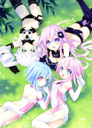 Rule 34 | 10s, 4girls, ass, black sister, blue eyes, blue hair, blush, bodysuit, breasts, butt crack, cleavage, drill hair, elbow gloves, gloves, green eyes, hair ornament, highres, long hair, lying, medium breasts, multiple girls, nepgear, neptune (series), official art, on stomach, open mouth, pink hair, purple sister, ram (neptunia), rom (neptunia), scan, siblings, sisters, small breasts, symbol-shaped pupils, thighhighs, tsunako, twin drills, twins, uni (neptunia), white hair, white sister ram, white sister rom