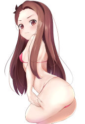 Rule 34 | 1girl, absurdres, ass, bare arms, bare legs, bare shoulders, bikini, breasts, brown hair, closed mouth, cropped legs, hairband, highres, idolmaster, idolmaster (classic), long hair, looking at viewer, minase iori, parlia (asf5576), simple background, small breasts, solo, swimsuit, white background