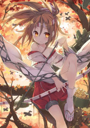 Rule 34 | 10s, 1girl, aircraft, airplane, arrow (projectile), bare shoulders, bow (weapon), brown eyes, brown hair, fred04142, heart, holding, japanese clothes, kantai collection, looking at viewer, ponytail, sitting, smile, solo, tabi, branch, weapon, zuihou (kancolle)