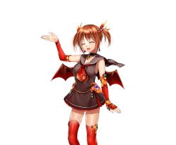 Rule 34 | 1girl, :d, arm warmers, black skirt, brown hair, choker, closed eyes, dragon providence, earrings, gem, hair ornament, hand up, jewelry, ladon (dragon providence), official art, open mouth, red thighhighs, school uniform, serafuku, short twintails, skirt, smile, solo, standing, thighhighs, transparent background, twintails, wings