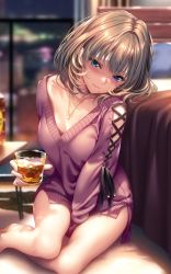 Rule 34 | alcohol, arm between legs, bare legs, barefoot, bed, bedroom, blanket, blue eyes, blurry, blurry background, blush, bottle, breasts, brown hair, collarbone, cross-laced clothes, cross-laced dress, cup, dress, drink, green eyes, hair between eyes, head tilt, heterochromia, highres, holding, holding cup, holding drink, ice, idolmaster, idolmaster cinderella girls, indoors, jewelry, looking at viewer, medium breasts, medium hair, necklace, night, pillow, pink dress, piromizu, side slit, solo, sweater, sweater dress, table, takagaki kaede, v-neck, whiskey, window