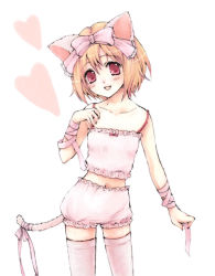 Rule 34 | 1girl, animal ears, bloomers, camisole, cat ears, cat tail, contrapposto, cowboy shot, dot nose, facing viewer, female focus, hair ribbon, legs apart, looking at viewer, original, parted lips, ribbon, short hair, simple background, smile, solo, standing, tail, tail ornament, tail ribbon, thighhighs, underwear, usashiro mani, white background, white bloomers