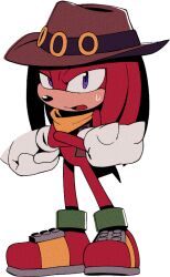 Rule 34 | 1boy, animal nose, bandana, body fur, bottomless, brown hat, brown vest, cowboy hat, crossed arms, digimin, full body, furry, furry male, gloves, half-closed eye, hat, knuckles the echidna, long hair, looking at viewer, male focus, nervous, non-web source, official art, open clothes, open mouth, open vest, purple eyes, red footwear, red fur, red hair, ring (sonic), shoes, sidelocks, sideways mouth, simple background, solo, sonic (series), spiked gloves, standing, sweat, tail, the murder of sonic the hedgehog, transparent background, uneven eyes, vest, yellow bandana, yellow gloves
