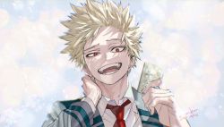 Rule 34 | 1boy, :d, bakugou katsuki, blonde hair, boku no hero academia, card, cloud, collared shirt, grey jacket, hands up, holding, holding card, jacket, mkm (mkm storage), necktie, open mouth, outdoors, portrait, red eyes, red necktie, shirt, short hair, signature, smile, solo, spiked hair, teeth, tongue