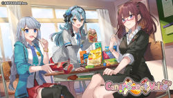 Rule 34 | 3girls, artist request, ban hada, black bow, black hairband, black jacket, black skirt, blue flower, blue hair, blue hoodie, blue necktie, blue ribbon, blue rose, bow, box, braid, brand name imitation, breasts, cardigan, chips (food), collared shirt, commentary, english commentary, flower, food, glasses, grey cardigan, hair behind ear, hair between eyes, hair bow, hair flower, hair ornament, hairband, haribo, highres, holding, holding box, holding food, hood, hoodie, jacket, lee roha, long hair, medium breasts, multiple girls, neck ribbon, necktie, nijisanji, nijisanji kr, official art, open mouth, pocky, potato chips, purple eyes, red skirt, ribbon, rose, ryu hari, school uniform, shirt, silver hair, skirt, smile, teacher, twintails, virtual youtuber, white jacket, yellow eyes