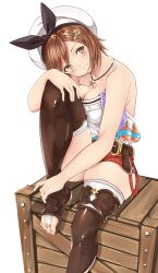 Rule 34 | 1girl, atelier (series), atelier ryza, atelier ryza 1, bare arms, belt, belt buckle, black hairband, boots, bow hairband, box, breast press, breasts, bridal legwear, brown belt, brown eyes, brown footwear, brown hair, buckle, cleavage, closed mouth, commentary, feet, flask, foot out of frame, hairband, hand on own knee, head on knee, head rest, jewelry, knee up, legs, looking at viewer, medium breasts, miya star saa, necklace, on box, red shorts, reisalin stout, round-bottom flask, shirt, short hair, short shorts, shorts, sitting, sitting on box, skindentation, sleeveless, sleeveless shirt, smile, solo, star (symbol), star necklace, thigh boots, thighhighs, thighhighs under boots, thighs, toeless footwear, toenails, toes, white background, white headwear, white shirt, white thighhighs, wooden box