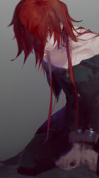 Rule 34 | 1other, androgynous, bare shoulders, black dress, blurry, bound, bound wrists, collarbone, crimson (ragna crimson), cuffs, dress, earrings, flat chest, gradient background, grey background, hair between eyes, hair over one eye, highres, jewelry, long hair, looking at viewer, meteorite (scyf5477), neck tattoo, off-shoulder dress, off shoulder, ragna crimson, red eyes, red hair, shackles, simple background, single earring, slit pupils, solo, strapless, strapless dress, tattoo, very long hair, zipper pull tab