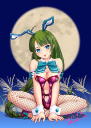 Rule 34 | 1girl, adapted costume, ahoge, animal ears, aqua bow, aqua bowtie, bow, bowtie, braid, breasts, detached collar, fake animal ears, fishnet pantyhose, fishnets, full moon, green hair, kantai collection, large breasts, leotard, long hair, lotus position, moke ro, mole, mole under mouth, moon, navel, pantyhose, playboy bunny, purple leotard, rabbit ears, single braid, sitting, solo, strapless, strapless leotard, tongue, tongue out, very long hair, wrist cuffs, yuugumo (kancolle)