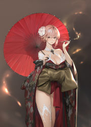 Rule 34 | 1girl, absurdres, bare legs, bra, breasts, brown background, cleavage, closed mouth, commentary, english commentary, feet out of frame, flower, hair between eyes, hair flower, hair ornament, halterneck, highres, holding, holding smoking pipe, holding umbrella, japanese clothes, jung wonjo, kimono, looking at viewer, medium breasts, off shoulder, oil-paper umbrella, original, pink eyes, pink hair, red kimono, red umbrella, smile, smoke, smoking pipe, solo, umbrella, underwear, white bra, white flower
