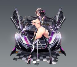 Rule 34 | 1girl, arched back, ass, bikini, black bikini, black hair, breasts, checkered floor, covered erect nipples, destiny child, eyewear on head, fingernails, glasses, high heels, highres, large breasts, lips, looking at viewer, looking back, multicolored hair, nail polish, navel, pink hair, punc p, purple eyes, race queen, race vehicle, sideboob, skin tight, skindentation, swimsuit, thick thighs, thighhighs, thighs, thong bikini, turning head, underboob, wallet, zephyr (destiny child)