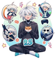 Rule 34 | 1boy, 9s (nier:automata), 9s (nier:automata) (cosplay), :d, ahoge, alternate costume, android, animal print, aperture science handheld portal device, arm up, black blindfold, black hoodie, black jacket, black pants, black skin, blindfold, cheer (cheerpuppy14), chell, chell (cosplay), colored skin, commentary, controller, cosplay, creatures (company), danganronpa (series), danganronpa v3: killing harmony, dog print, english commentary, full body, game freak, gen 4 pokemon, grey hair, grey legwear, gun, highres, holding, holding controller, holding sword, holding weapon, hollow knight, hood, hood down, hoodie, indian style, jacket, k1-b0, katana, knight (hollow knight), knight (hollow knight) (cosplay), mask, multiple views, nier:automata, nier (series), nintendo, open mouth, pants, pokemon, portal (series), rotom, short hair, sitting, smile, socks, star (symbol), sword, teeth, upper teeth only, weapon, white background