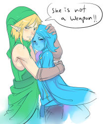 Rule 34 | 1boy, 1girl, aged up, alternate legwear, bare shoulders, black thighhighs, blonde hair, blue eyes, blue hair, blue skin, cape, colored skin, crying, earrings, elbow gloves, english text, facial hair, fi (zelda), gloves, goatee, hat, height difference, hetero, hug, image sample, jewelry, link, maniacpaint, nintendo, no arms, pointy ears, sleeveless, tears, text focus, the legend of zelda, the legend of zelda: skyward sword, thighhighs