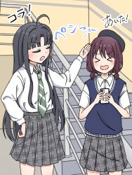 Rule 34 | 225 peke, 2girls, ahoge, awa subaru, black hair, black hat, blue sweater vest, cellphone, closed eyes, collared shirt, commentary request, girls band cry, green necktie, grey skirt, hand on another&#039;s head, hat, highres, holding, holding phone, indoors, iseri nina, long hair, multiple girls, necktie, open mouth, phone, plaid, plaid skirt, pleated skirt, red hair, school uniform, shirt, short twintails, skirt, smartphone, stairs, sweater vest, translation request, twintails, white shirt