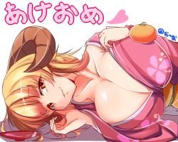 Rule 34 | 1girl, alcohol, blonde hair, breasts, cleavage, collarbone, cup, female focus, food, fruit, goat horns, horns, huge breasts, looking at viewer, lying, matching hair/eyes, monster girl, nana (mogs1225), on side, orange (fruit), orange eyes, orange hair, original, sakazuki, sake, simple background, solo, text focus, translated, upper body, white background