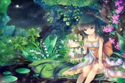 Rule 34 | 1girl, bad id, bad pixiv id, black hair, blue eyes, bracelet, bug, butterfly, cage, dress, ells, flower, forest, full moon, insect, jewelry, leaf, lily of the valley, long hair, moon, nature, night, night sky, original, sitting, sky, smile, soaking feet, solo, star (sky), starry sky, tree, water