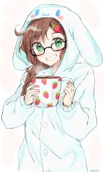 Rule 34 | 1girl, artist name, black-framed eyewear, blush, brown hair, commentary, commission, cup, english commentary, glasses, green eyes, grin, hair ornament, hairclip, highres, holding, mochii, original, pajamas, semi-rimless eyewear, signature, smile, solo, under-rim eyewear